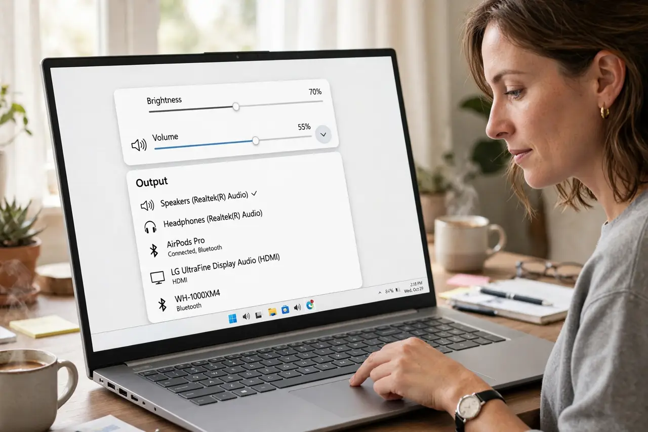 A person performing the first step: Use the quick switcher. Click the speaker icon, then the small arrow by the volume.