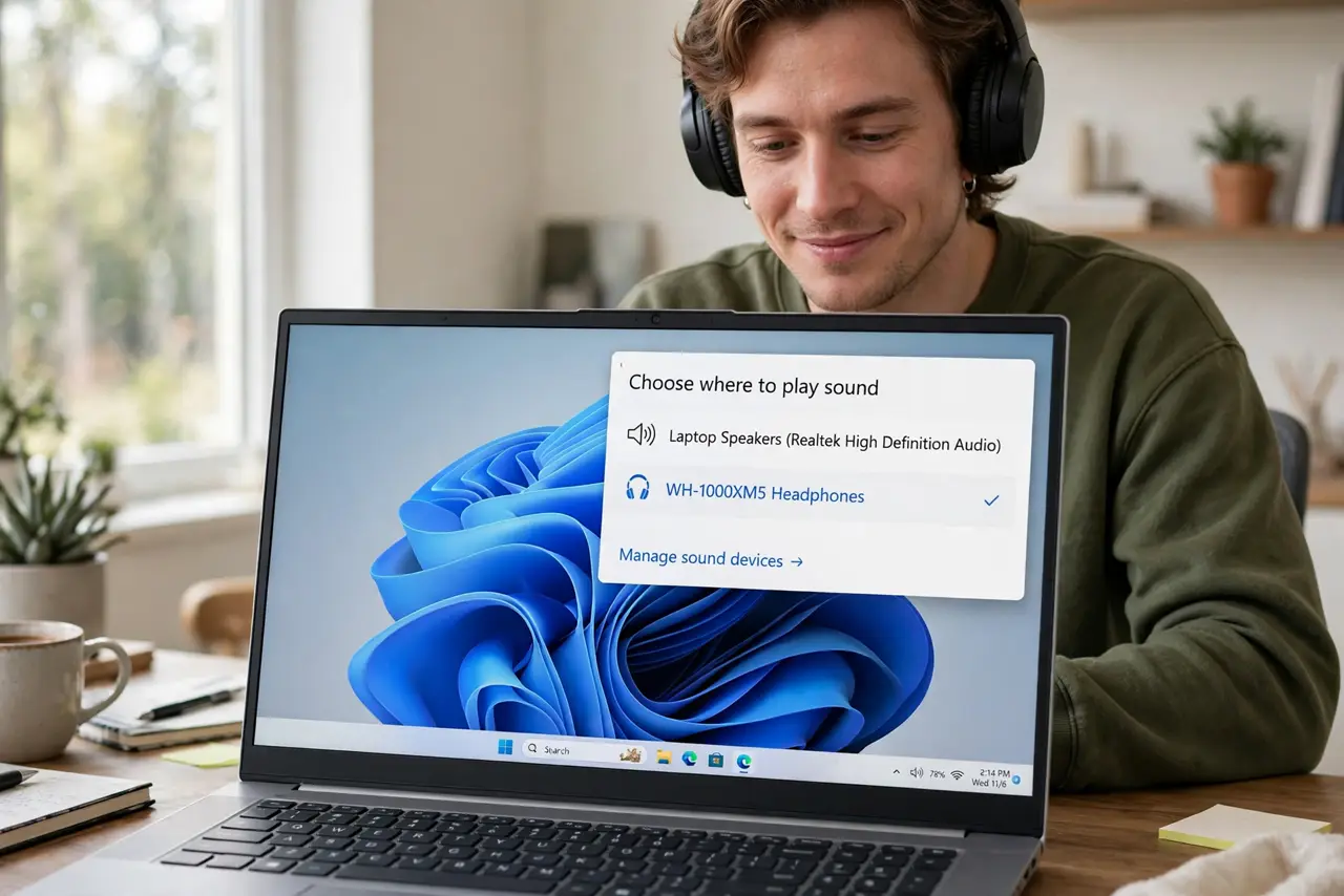 A person selecting headphones from the real Windows Sound output dropdown with legible device names on a laptop screen,