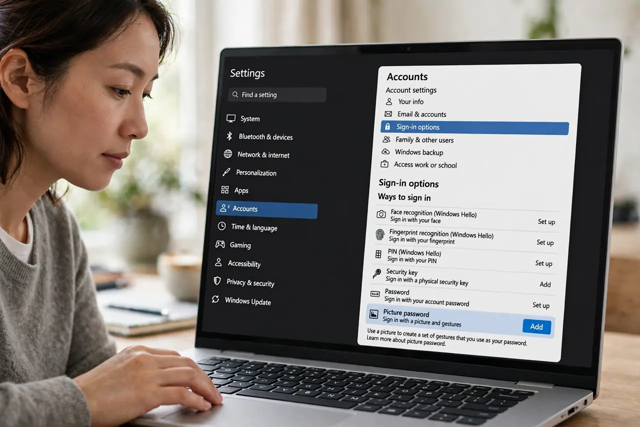 A person performing step 1: Open Picture password settings.