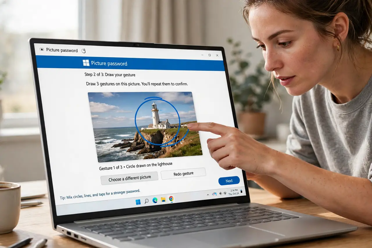 A person drawing a gesture on a photo displayed on a real Windows touchscreen laptop, the picture password setup screen fully legible, the person's face engaged.