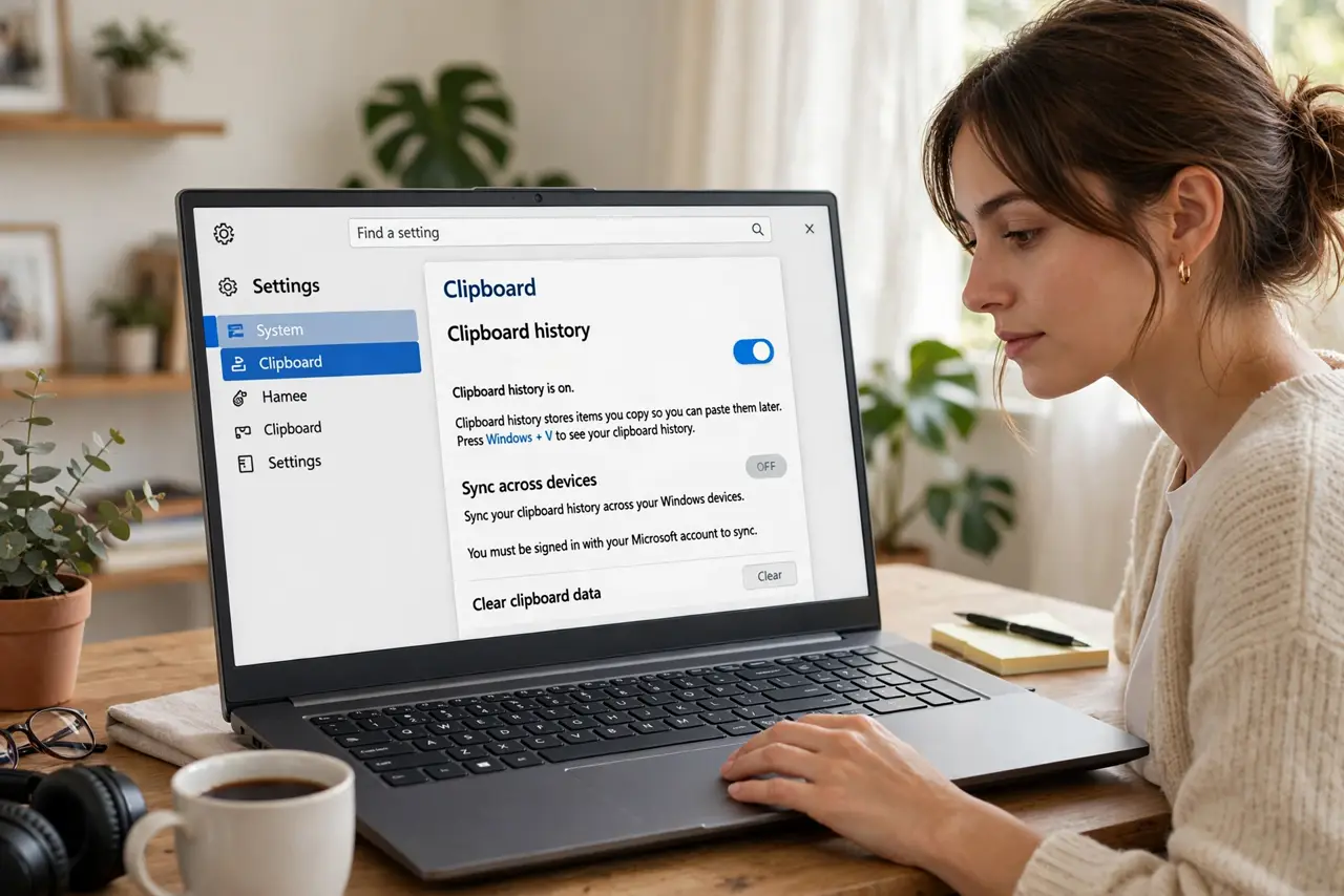 Photoreal photo of a person performing the first step: Enable clipboard history. Press Windows+V — if history is off, Windows offers to turn it on. Or go to Settings > System > Clipboard and enable it. Wit...