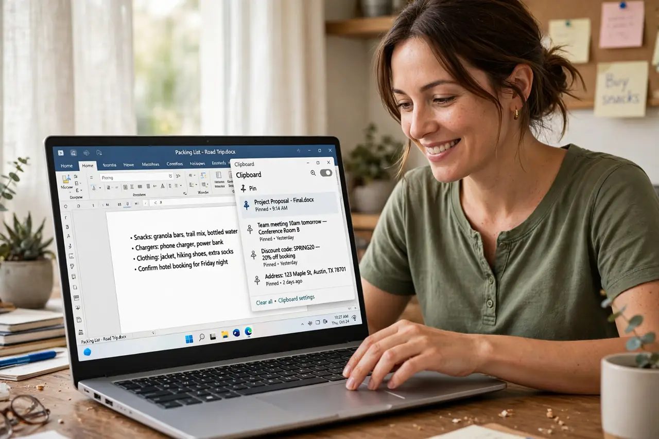 Photoreal photo: a person pasting from a real Windows clipboard history panel showing pinned items with legible text, the person's face pleased, home office. No black screen, no blank white screen, no fake or garbled scr