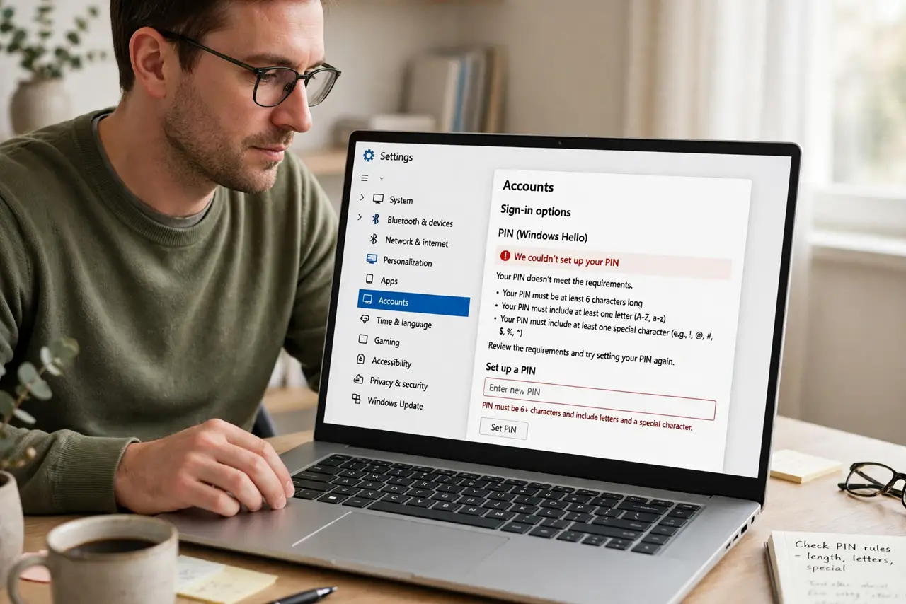 A person performing step 1 of the guide: Read the exact rejection message. Open Settings > Accounts > Sign-in options > PIN and try setting your PIN. The message tells you which ...