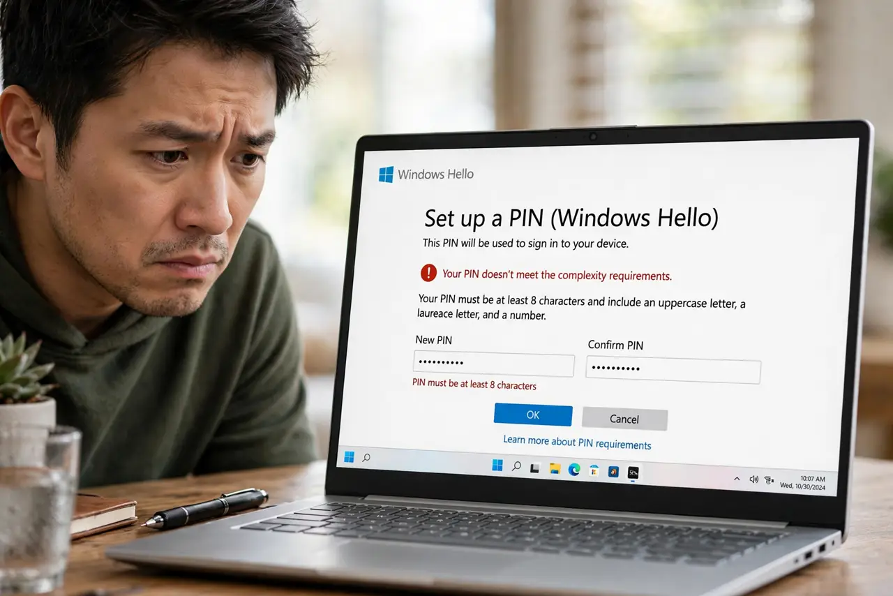 a concerned adult looking at a real Windows laptop showing the PIN setup screen with fully legible text, the person frowning slightly at the complexity error message.