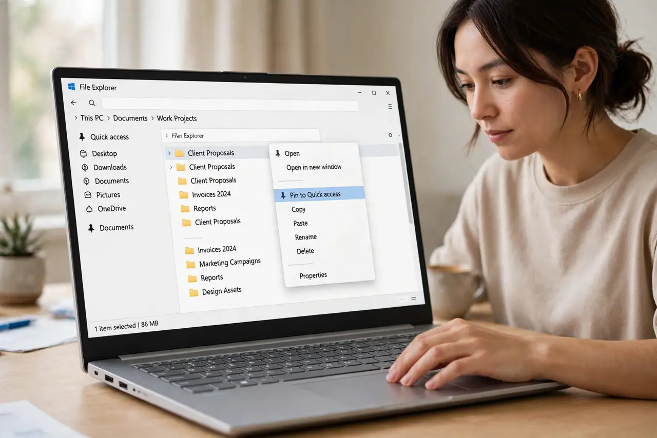 A person carrying out step one: pin a folder in two clicks.