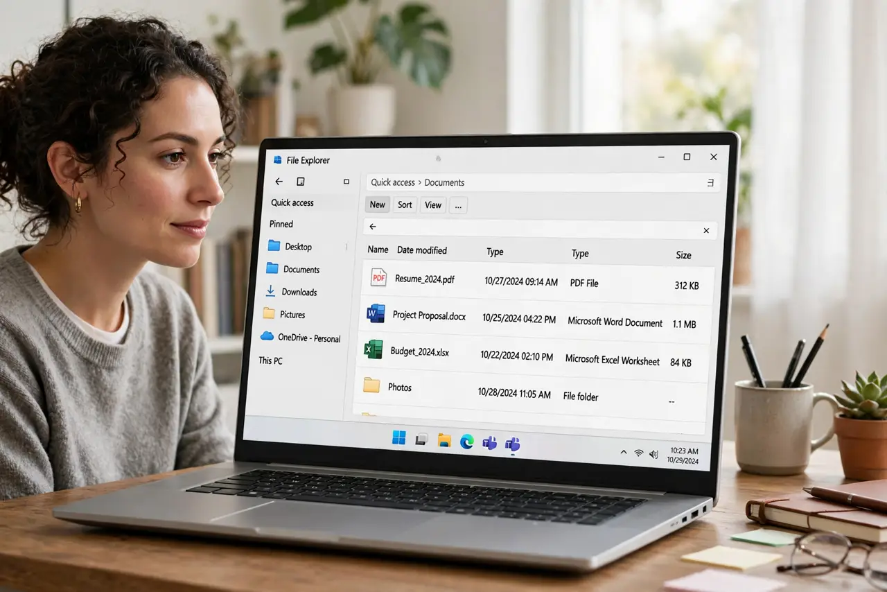 A person looking at real Windows File Explorer with the Quick Access sidebar showing pinned folders, the screen text legible, the person's face calm, home…