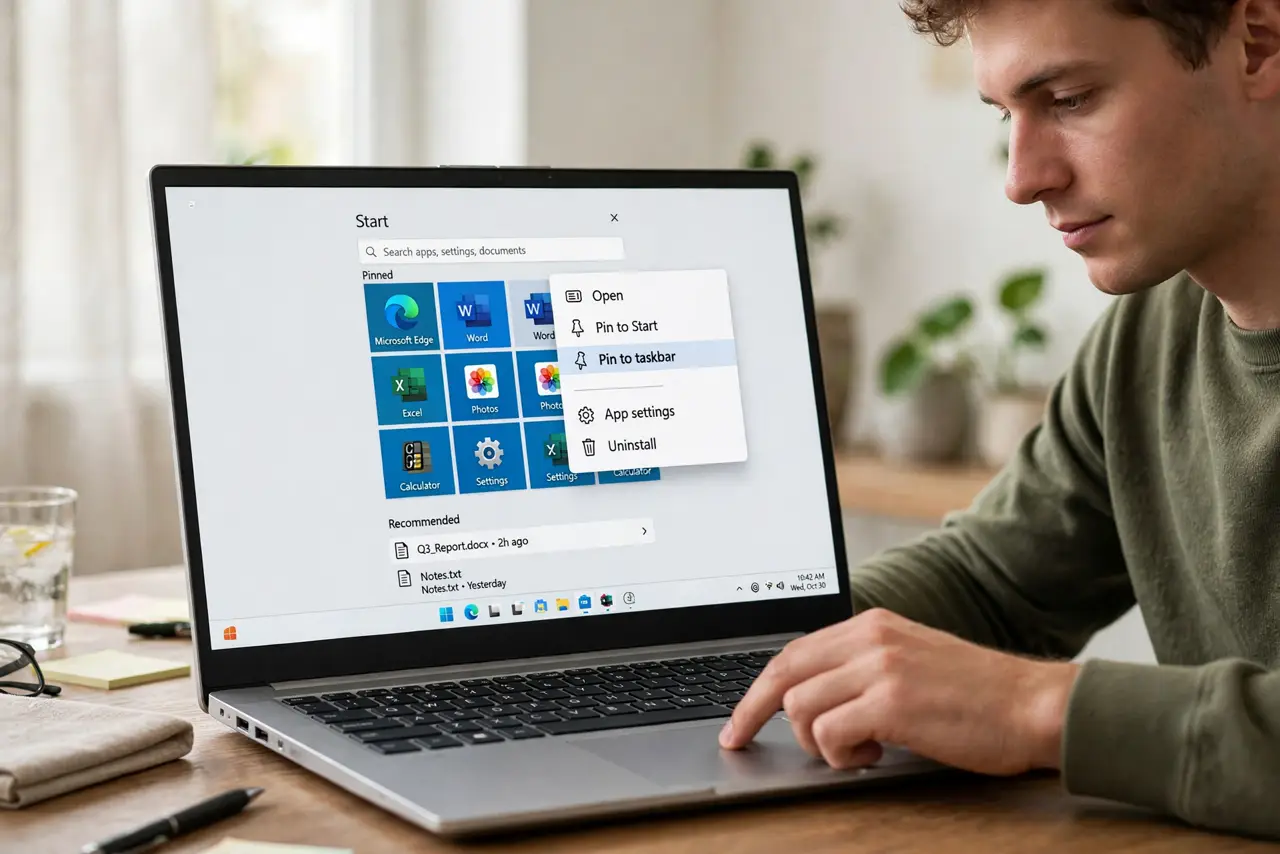 Photoreal photo of a person performing the first step: Pin from Start or search. Find the app in the Start menu or type its name in search, right-click it, and choose Pin to taskbar. The icon appears on th...