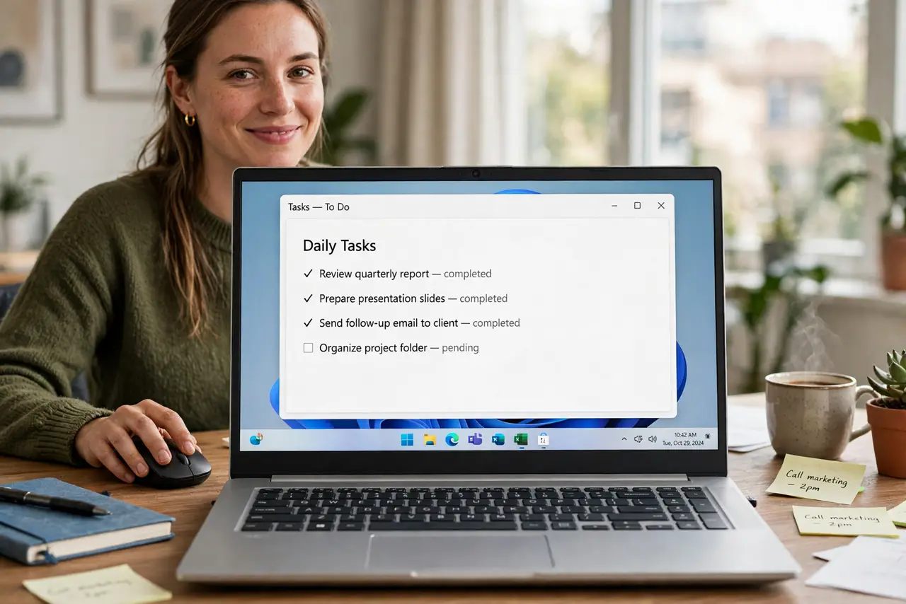 Photoreal photo: a calm person at a desk in front of a real Windows PC showing a legible taskbar with pinned app icons, the person's hand on the mouse, face satisfied. No black screen, no blank white screen, no fake or g