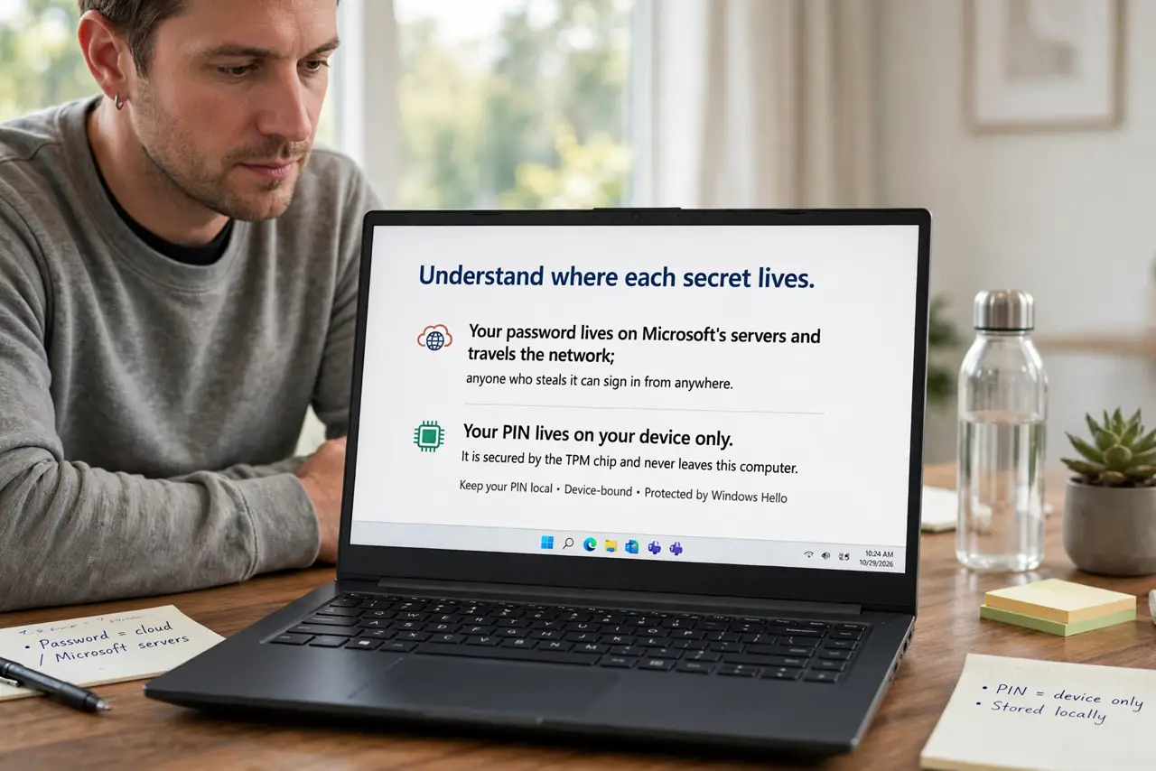 A person performing step 1: Understand where each secret lives. Your password lives on Microsoft's servers and travels the network; anyone.