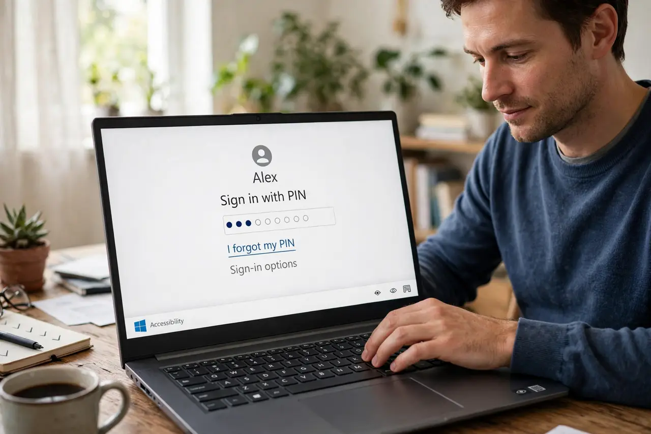 A person signing into a real Windows laptop, the screen showing a legible PIN entry screen, the person's face relaxed, home office.