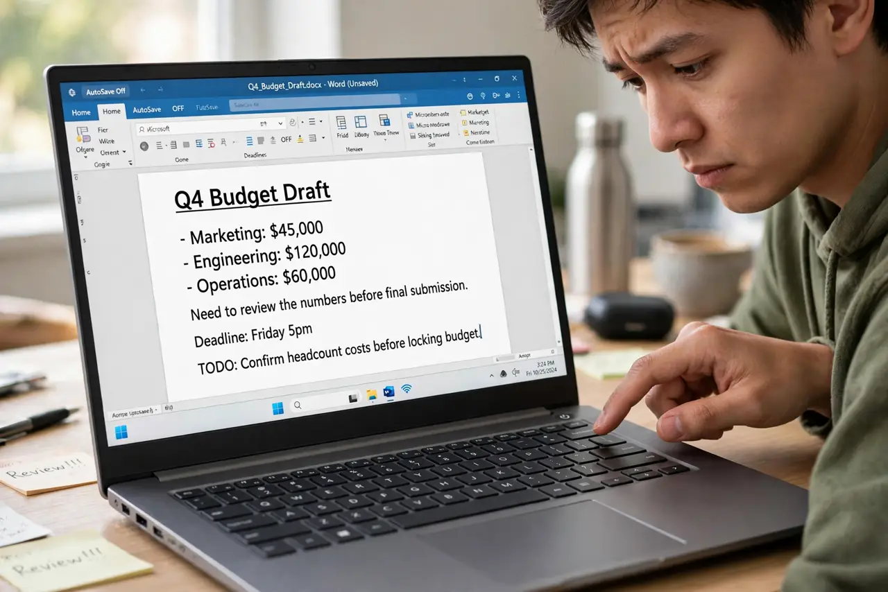 A person's finger hovering over the power button of a real Windows laptop, the screen showing unsaved work fully legible, the person's face cautious.