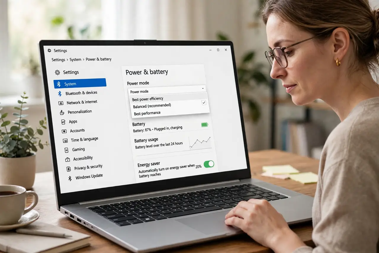 Photoreal photo of a person performing the first step: Find the power mode slider. Settings, then System, then Power and battery — the Power mode drop