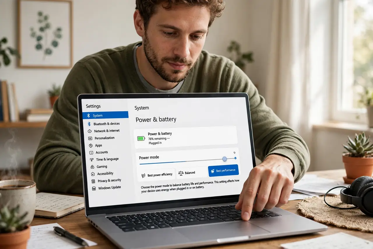 Photoreal photo: a person adjusting the real Windows power mode slider in Settings showing the legible Best power efficiency, Balanced, Best performance options, the person's face thoughtful, home office. No black screen, no blank whi