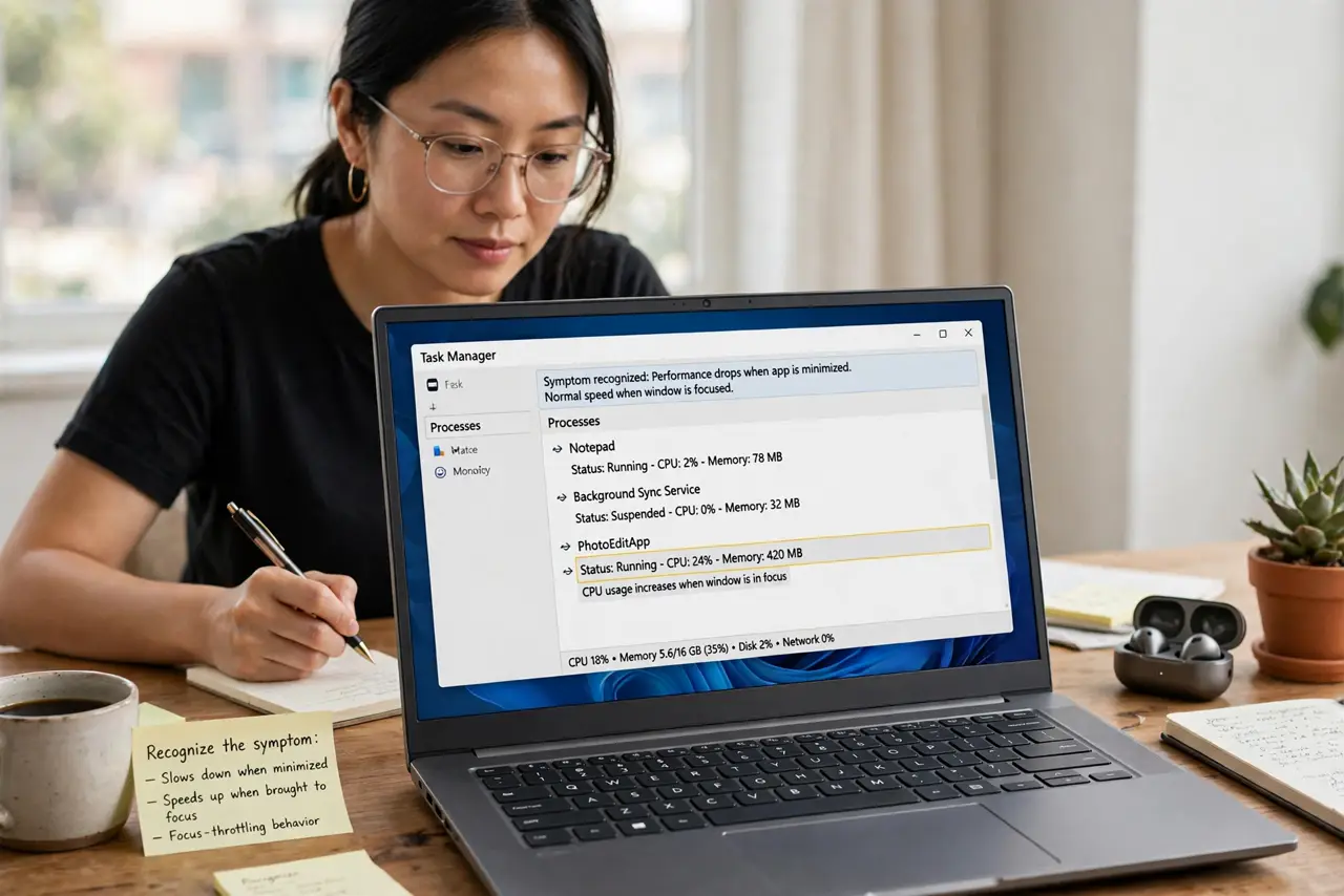 A person performing step 1: Recognize the symptom. Background tasks slow while the app is minimized, then speed up the moment you bring it.