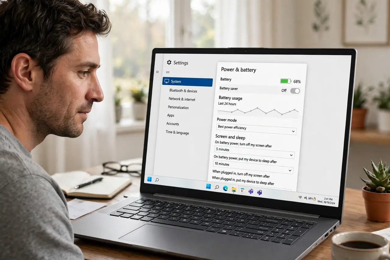 A person looking at a real Windows Settings power screen with legible text on a laptop, battery icon visible, the person's face understanding, home office.
