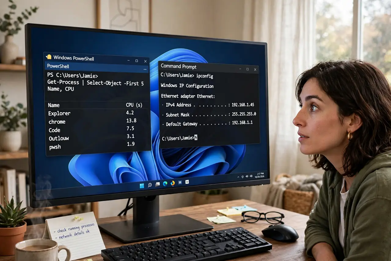 A person at a real Windows 11 PC, the monitor showing PowerShell and Command Prompt windows side by side with commands fully legible, the person's face curious, home office.