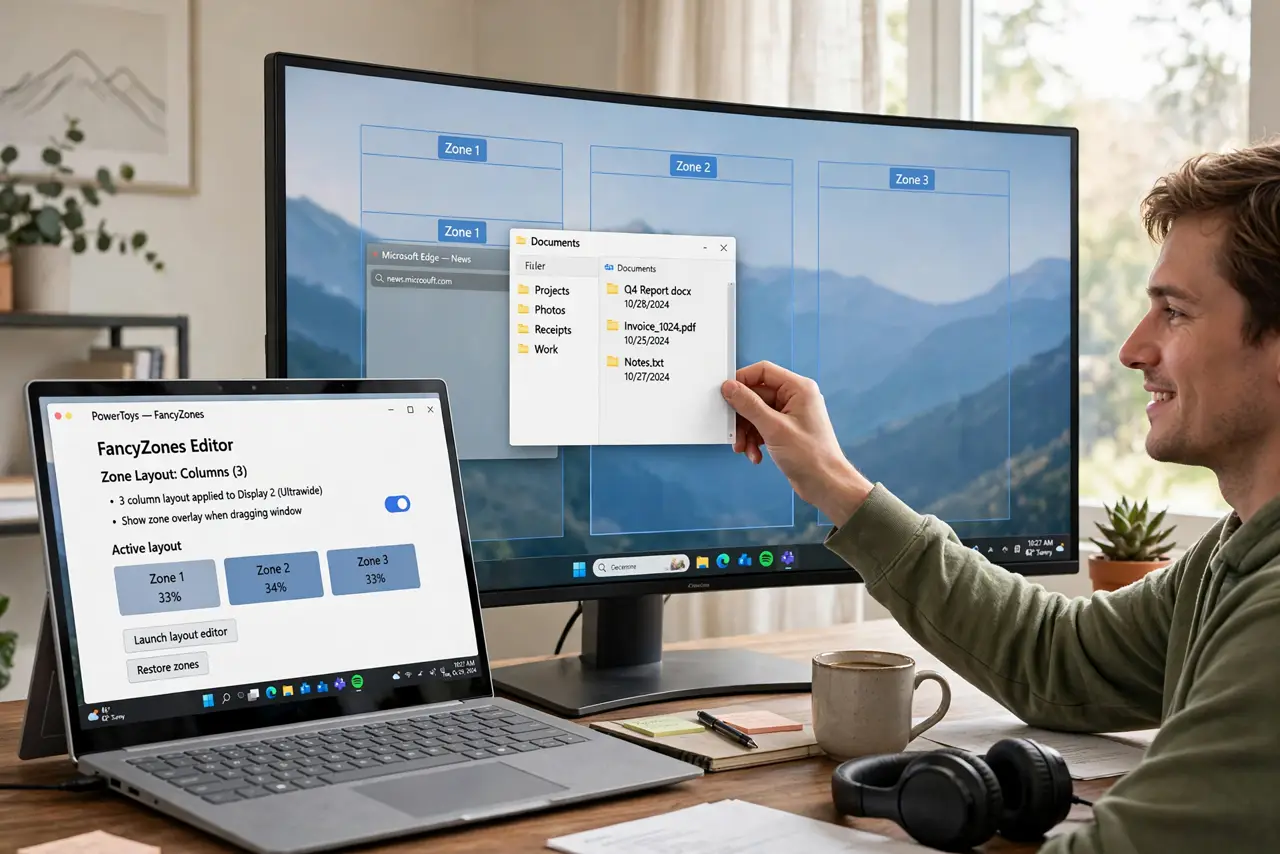 a person dragging a real window into a FancyZones layout on an ultrawide monitor showing legible zone outlines, the person's face satisfied, home office.