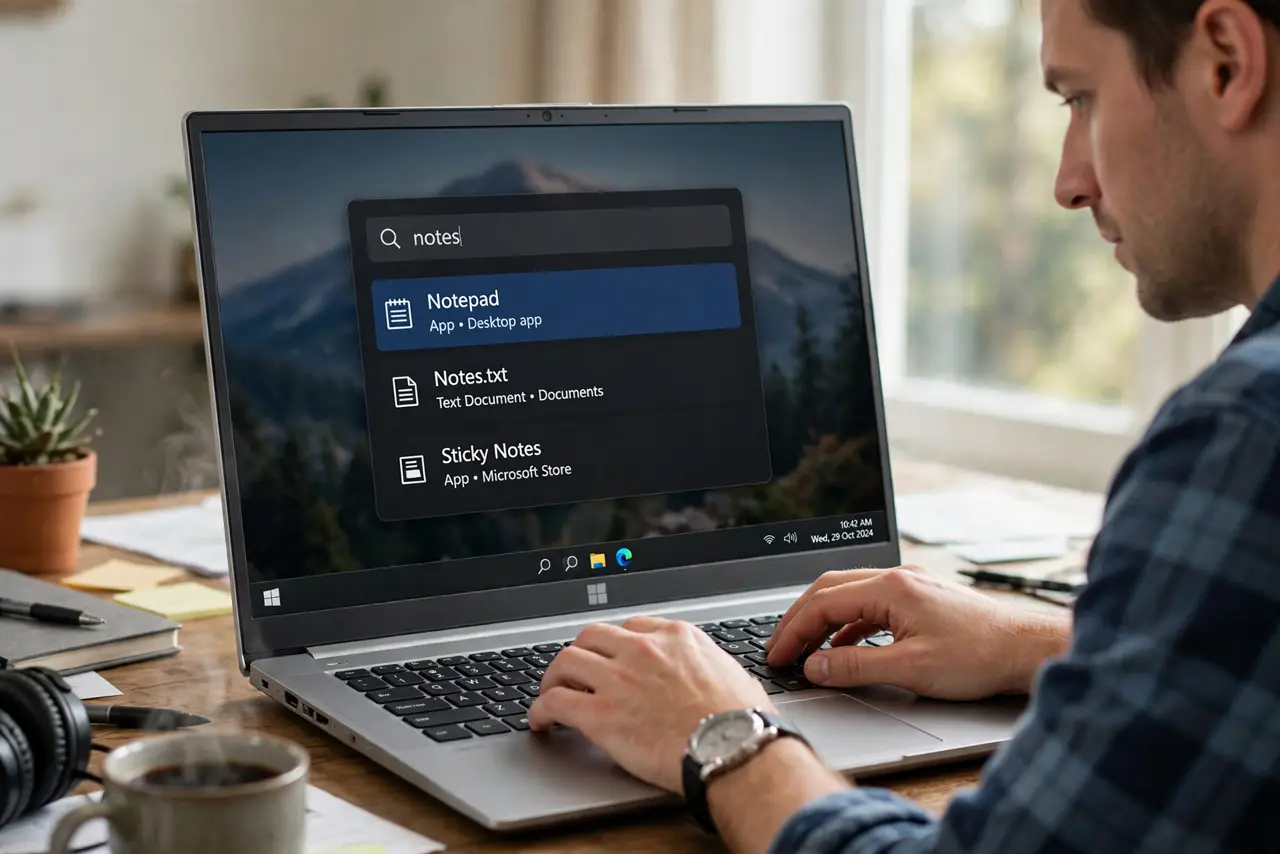 a person launching an app with real PowerToys Run showing a legible search bar over a dimmed desktop, fingers on keyboard, the person's face efficient, home desk.