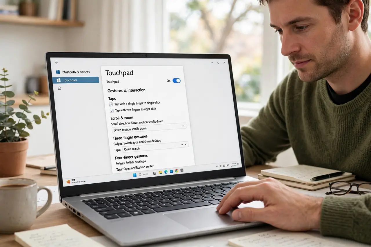 a person using a real Windows laptop with the Touchpad settings screen showing gesture options legibly, the person's hand on the touchpad, face focused, brig...