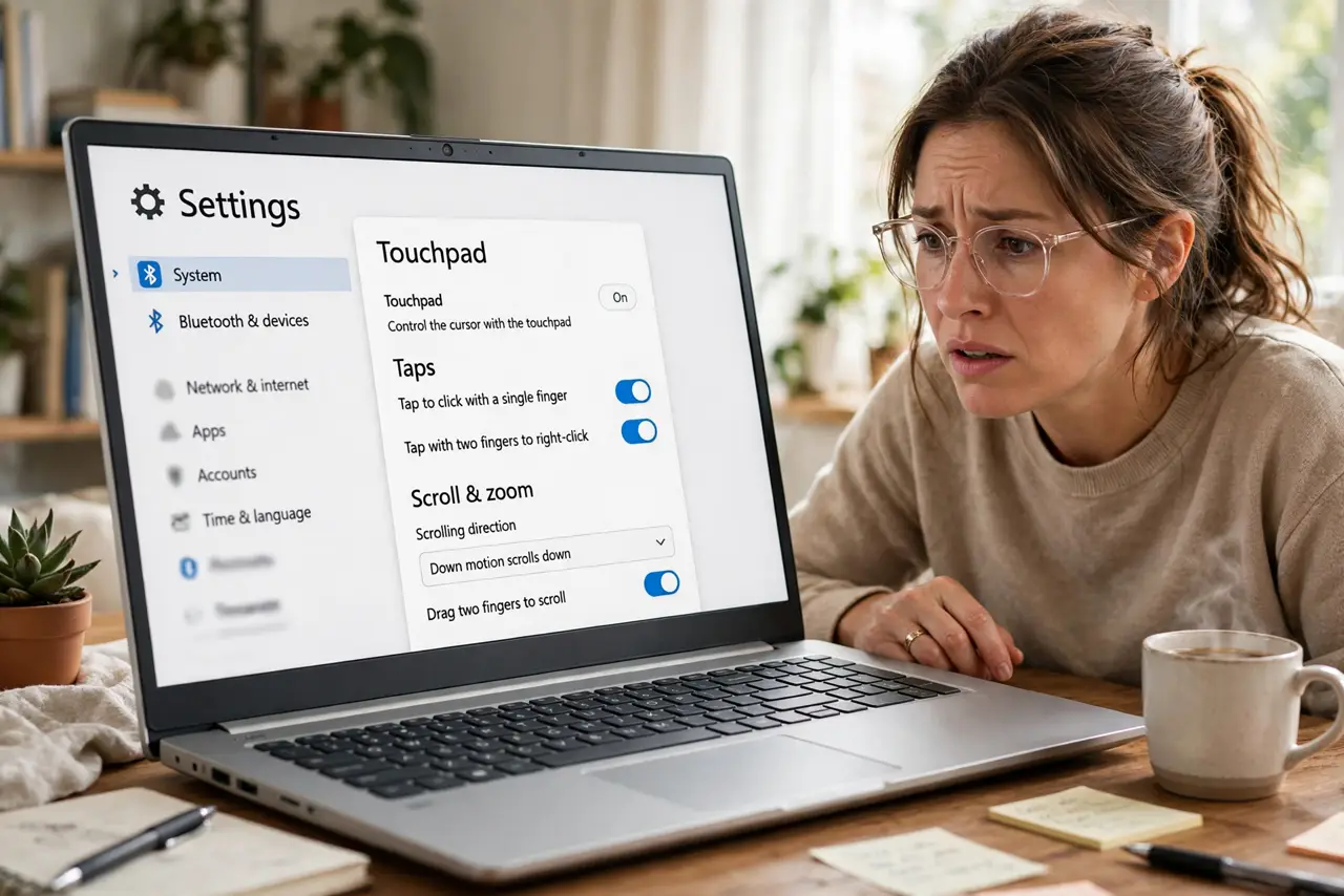 A person at a real Windows 11 laptop comparing a sparse touchpad settings screen, fully legible, the person's face puzzled, home office.