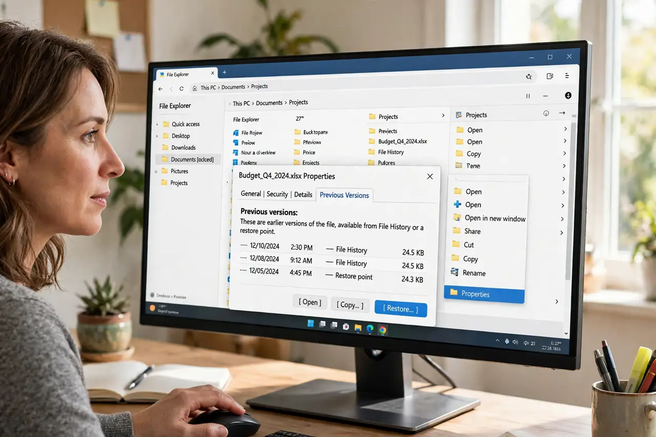 A person performing the first step: Open Previous Versions. Right-click the file — or the folder it lives in — choose.
