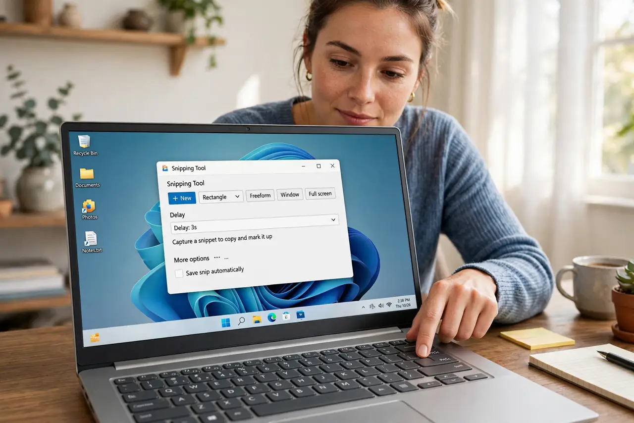 Photoreal photo: a person pressing the Print Screen key on a real Windows laptop keyboard, a real Windows desktop visible on screen with an open Snipping Tool window showing legible options, the person's face curious, home office. No