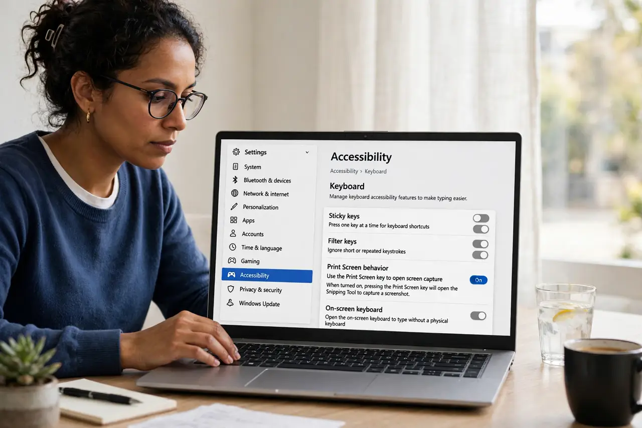 A person performing step 1 of the guide: Open the keyboard accessibility settings. Go to Settings, then Accessibility, then Keyboard. The Print Screen behavior toggle lives here,...