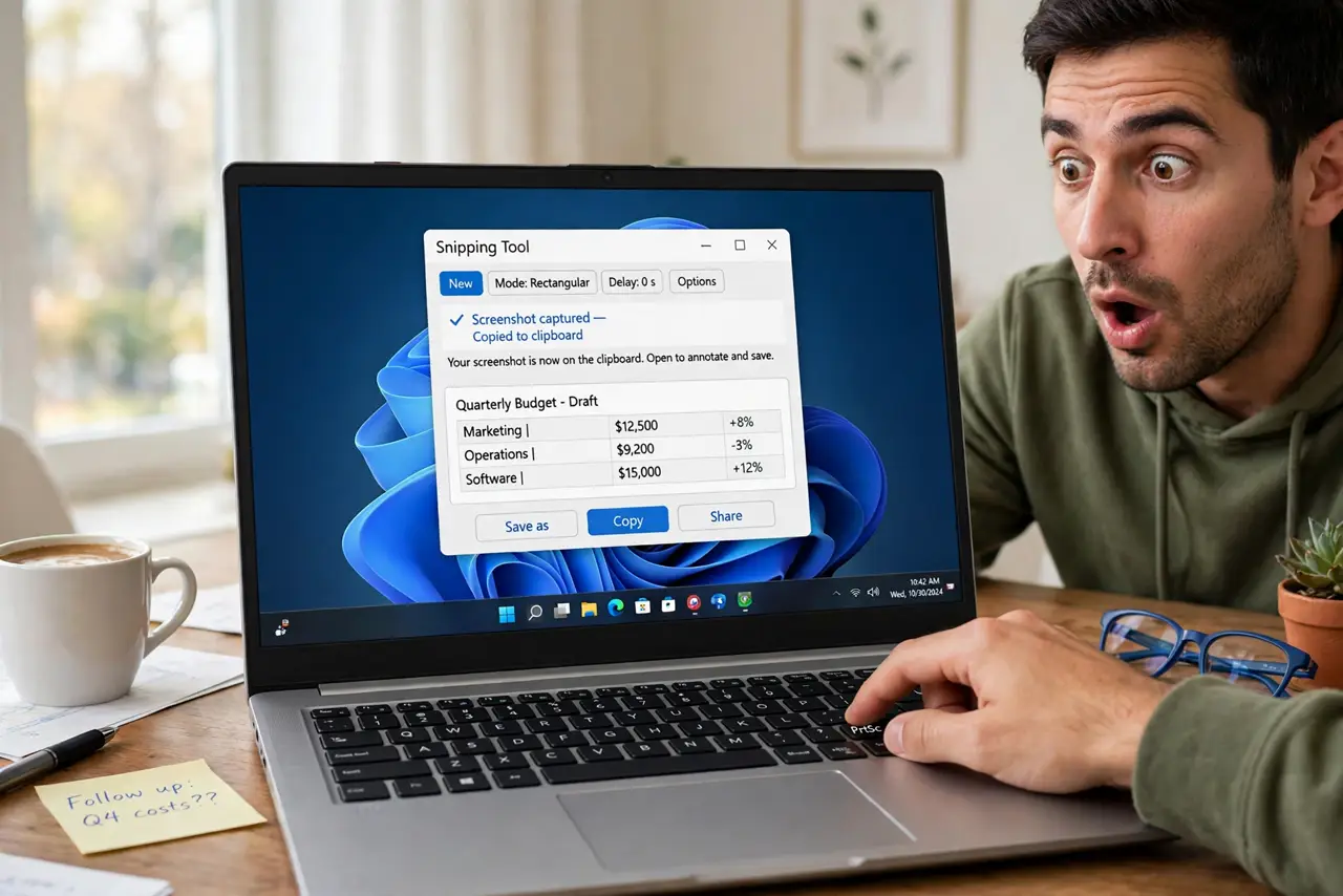a real person at a desk pressing the Print Screen key on a real keyboard, the Snipping Tool overlay appearing on the real monitor with fully legible interface text, the person looking surprised.