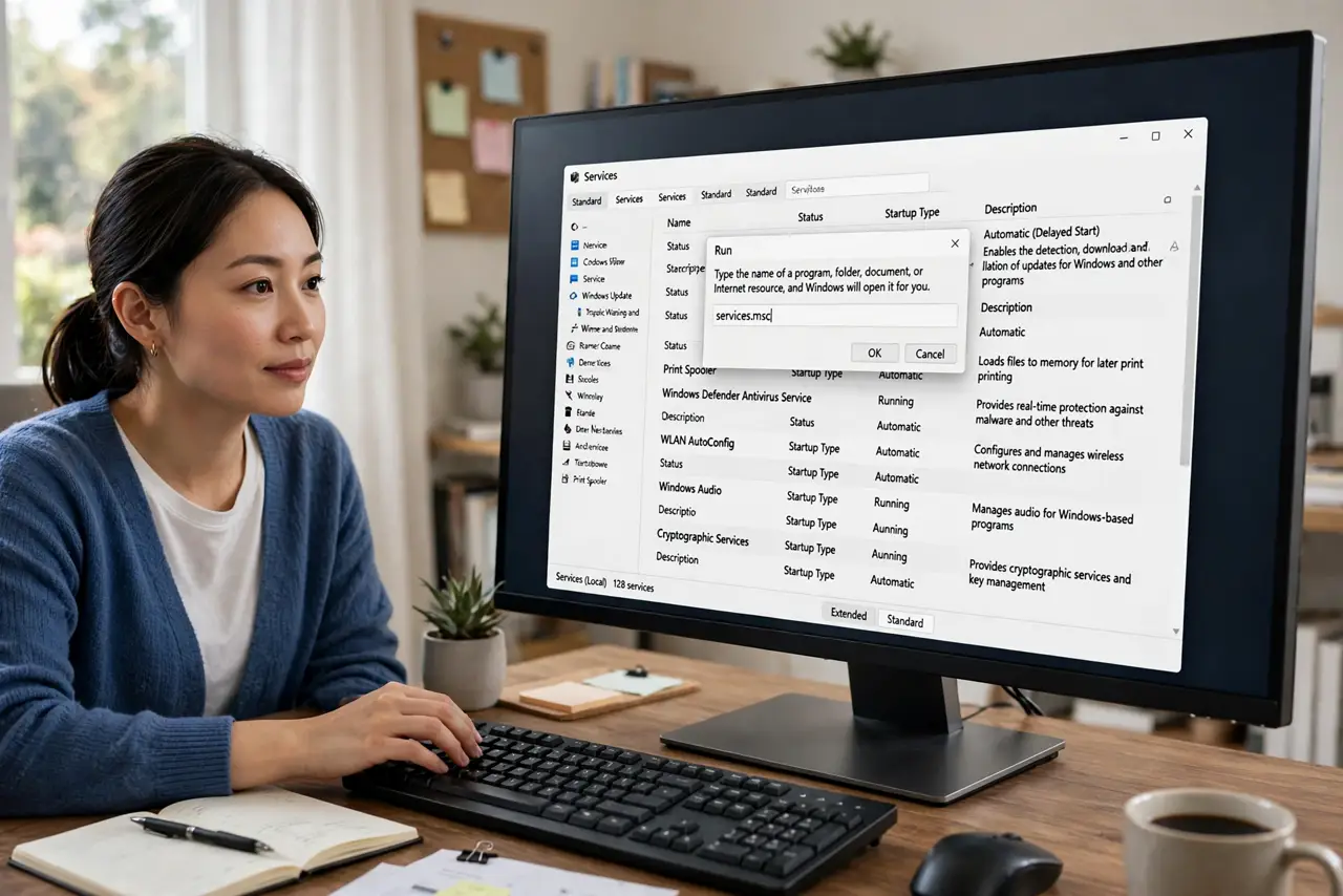 A person performing the first step: Open Services. Press Win+R, type services.msc, and press Enter. The Services window.