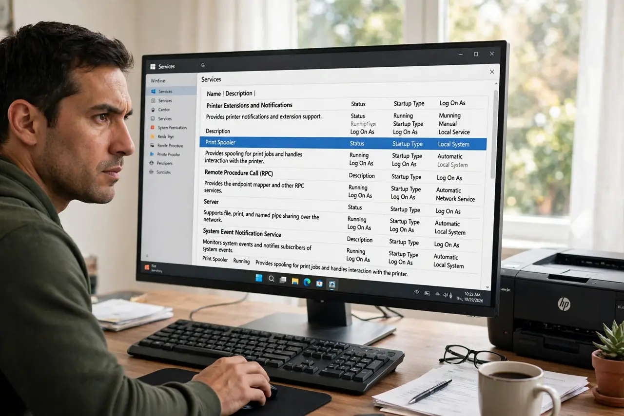 A person opening the real Windows Services window with Print Spooler highlighted legibly on a desktop monitor, a