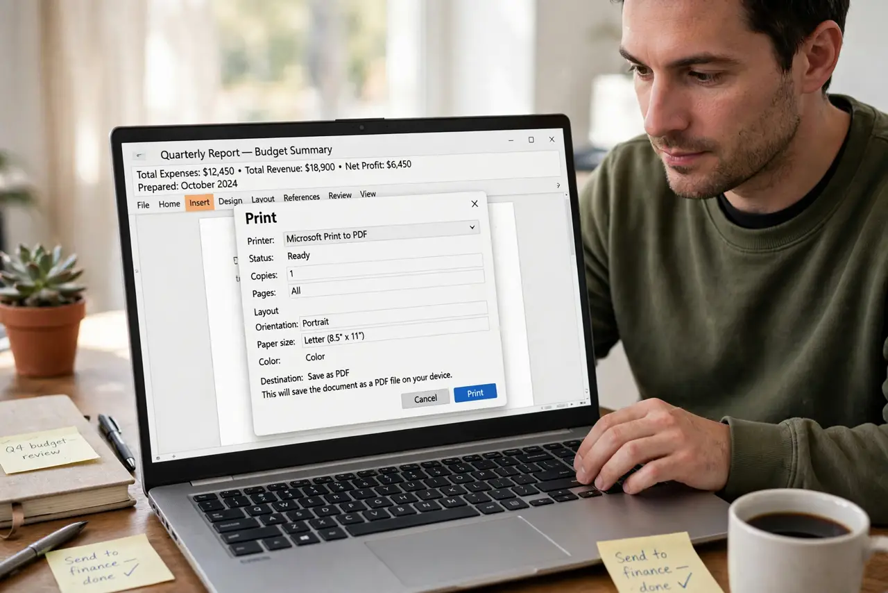 A person calmly performing the guide's first step: Print to PDF from any app.