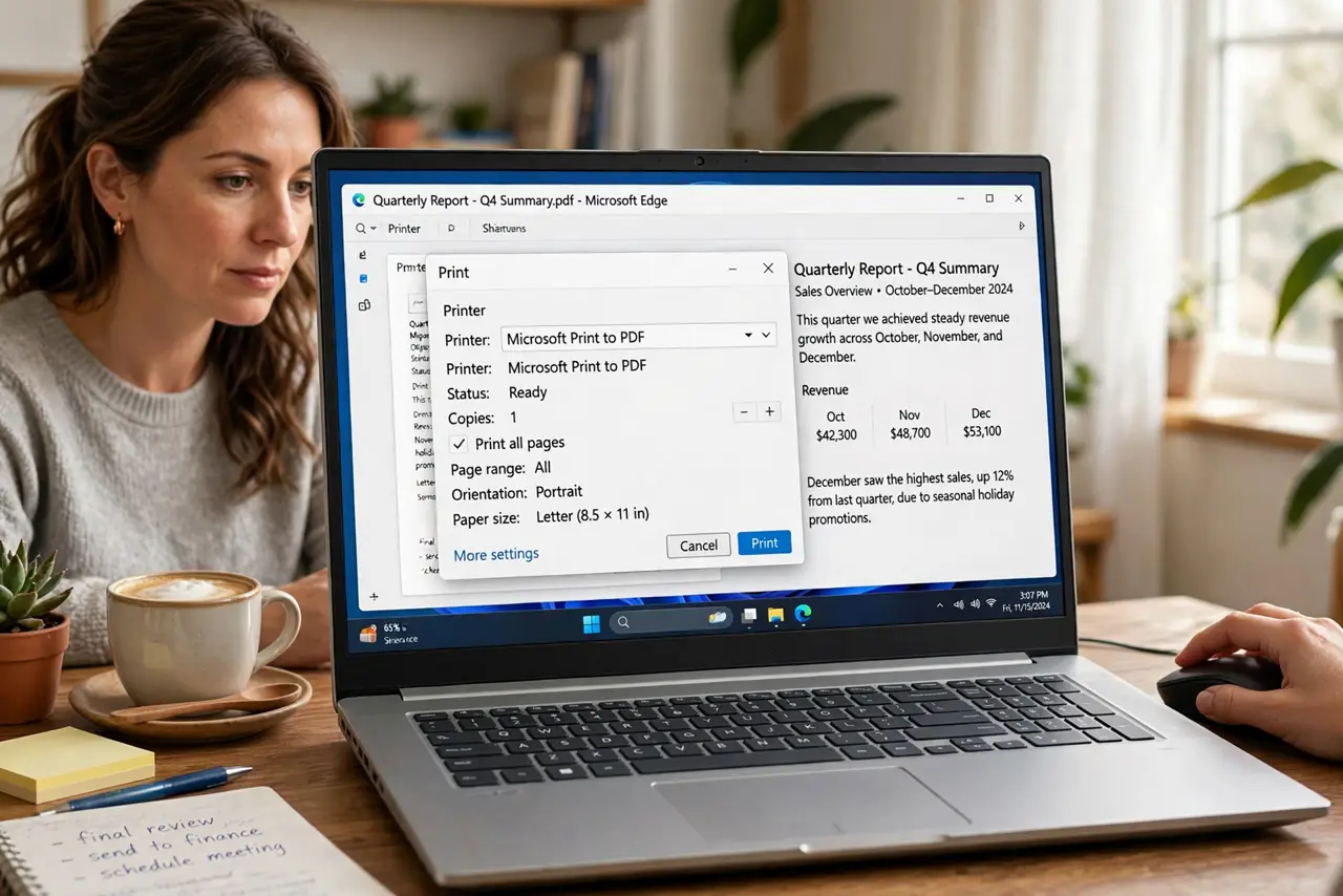 a person using a real Windows laptop, the print dialog open with Microsoft Print to PDF selected, the person's hand on the mouse, face focused, home office. No black screen, no bla.