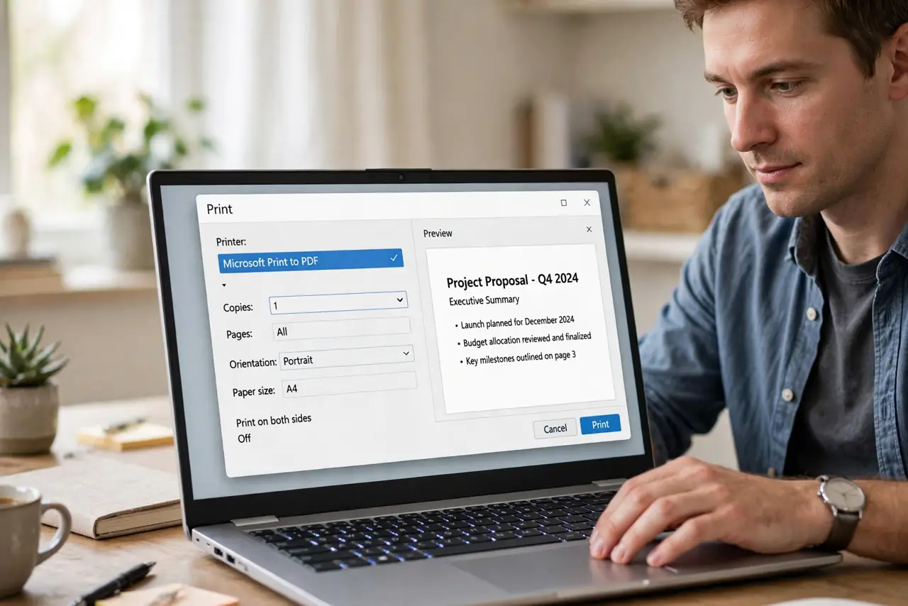 A person performing the first step: Select Microsoft Print to PDF. In any program's Print dialog, choose Microsoft.