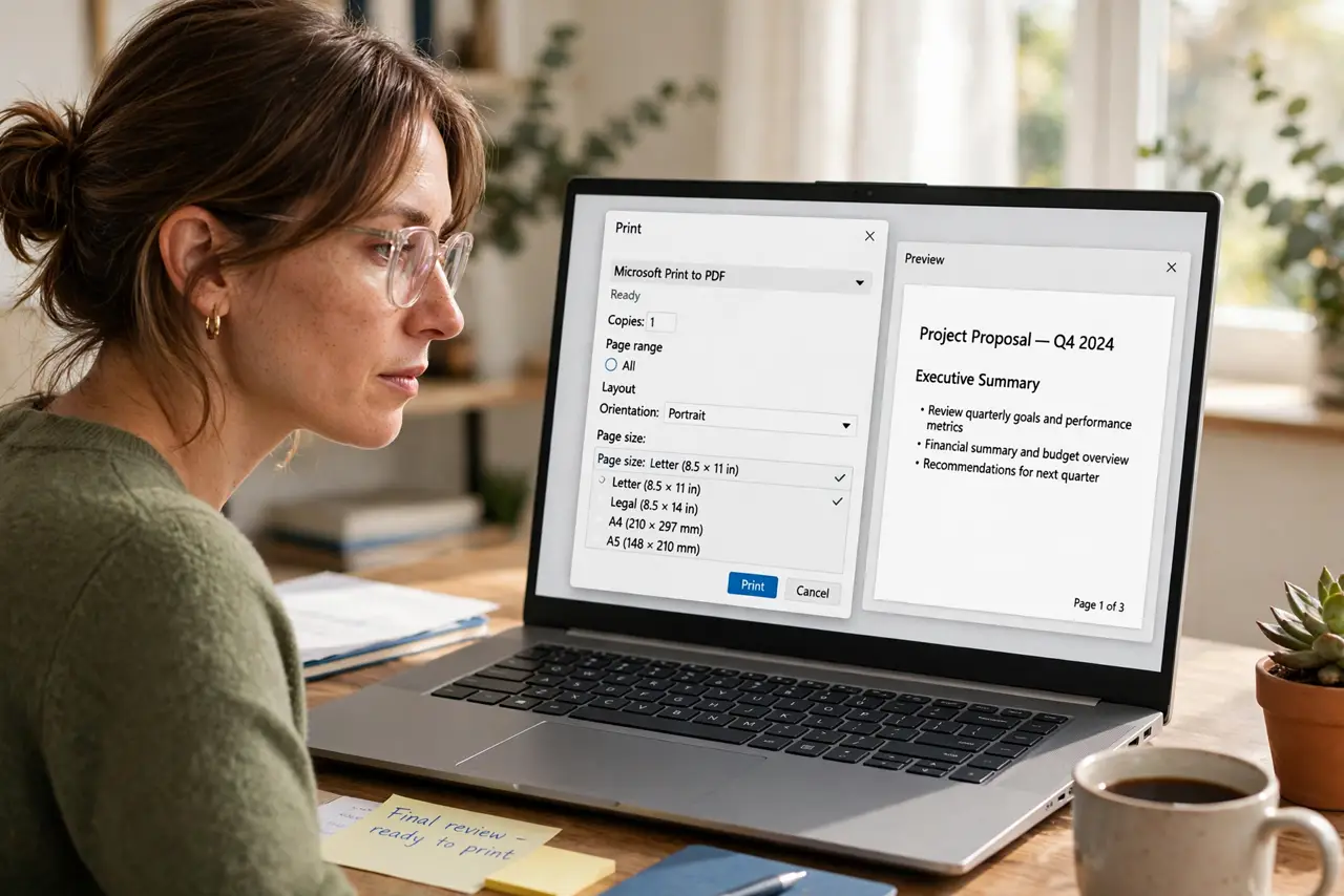 A person reviewing the Print dialog on a real Windows laptop with Microsoft Print to PDF selected and page size options