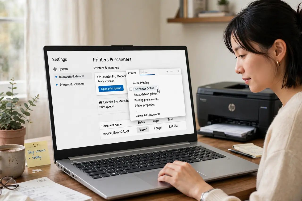 A person performing the first step: Uncheck 'Use Printer Offline.' Open the printer's queue from Settings and look in.