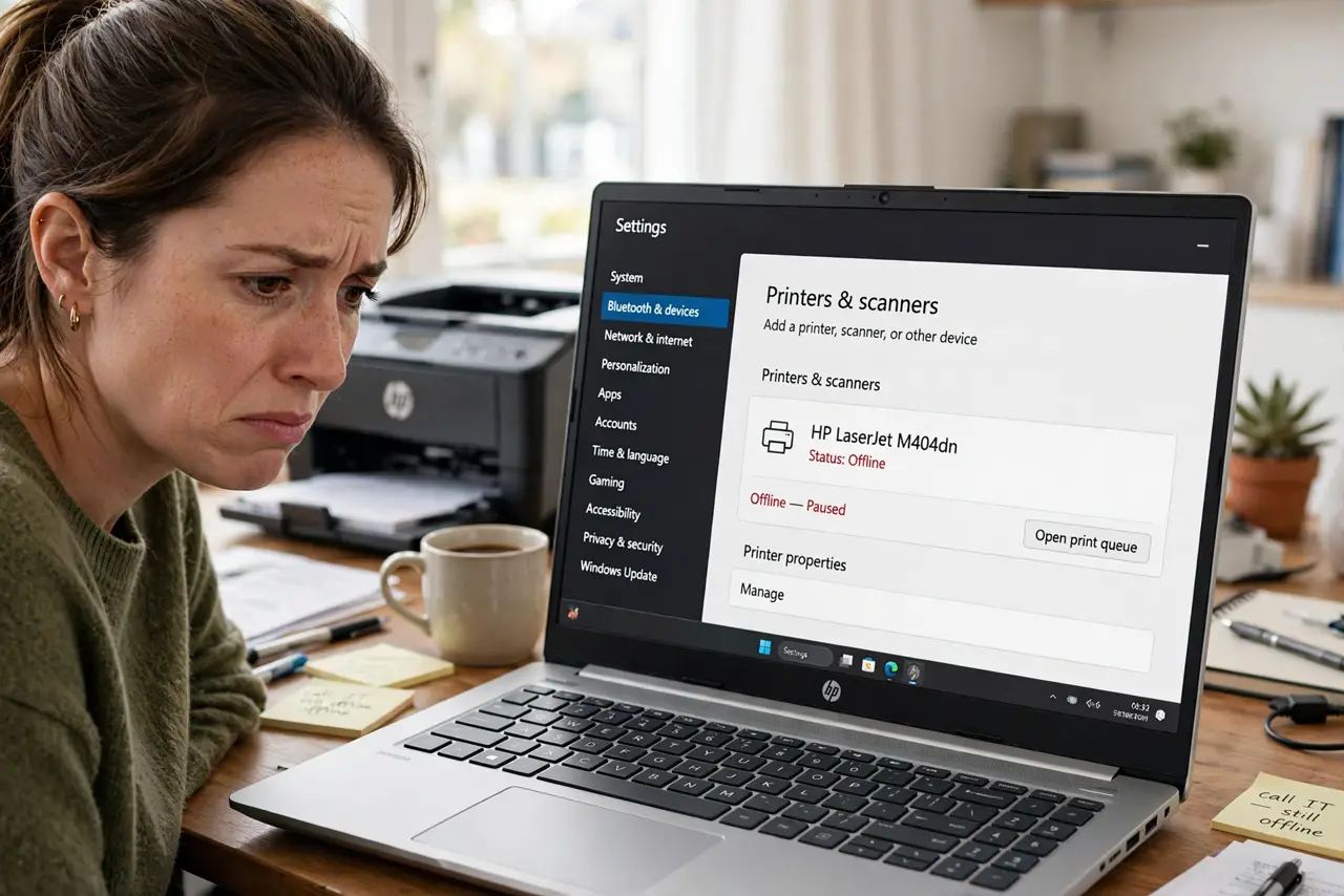 A person looking at a real Windows laptop showing printer Settings with the printer status reading Offline in legible