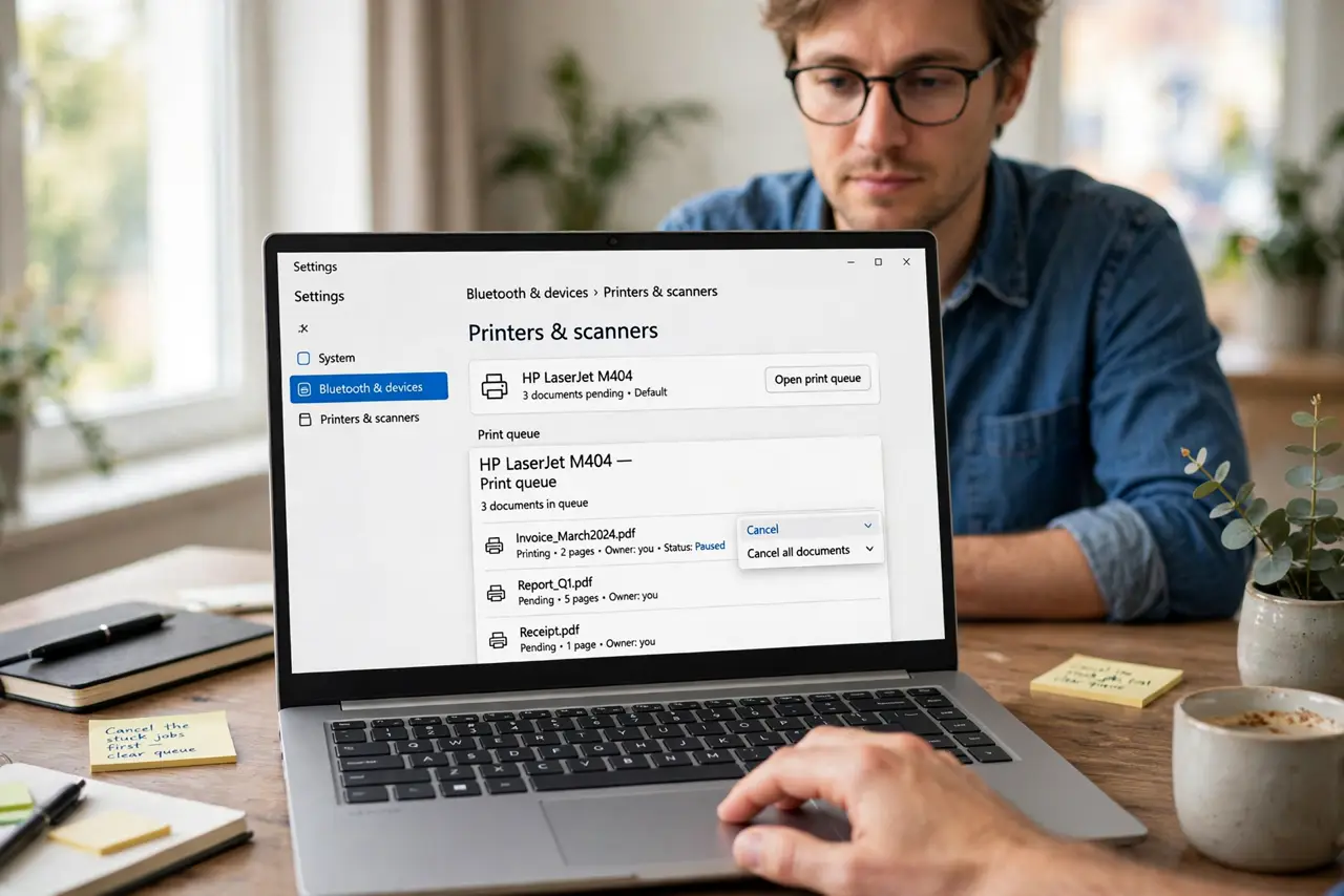 A person performing the first step of the guide: Cancel the stuck jobs first. Open Settings > Bluetooth & devices > Printers, open the print queue, and cancel.