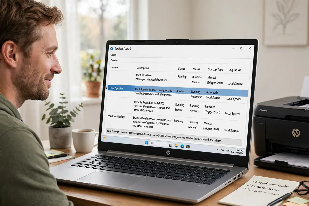 A person looking at a real Windows PC screen showing the Services window with the Print Spooler entry legible, a real printer beside the desk, the.