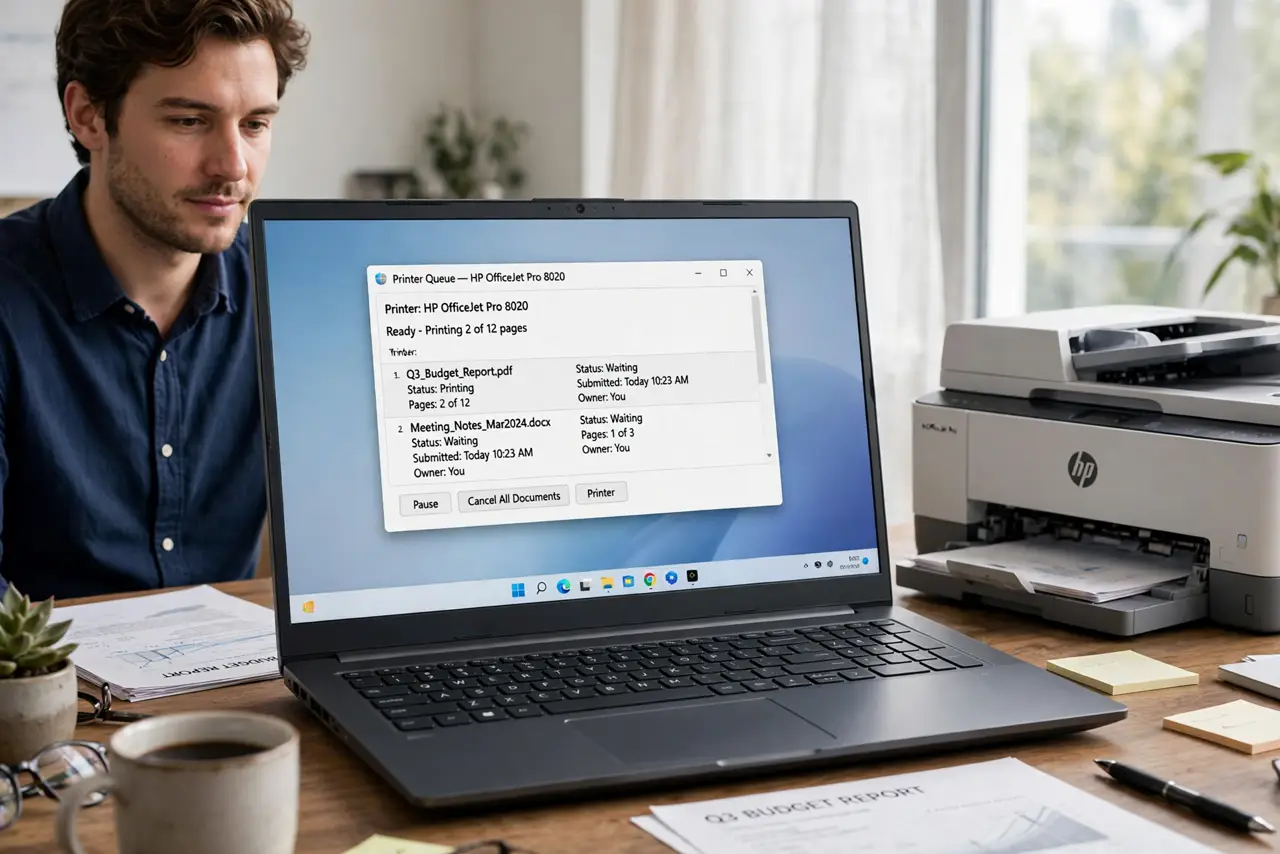 Printer Queue Stuck? Clear the Spooler Safely — photo showing the situation described in the guide.