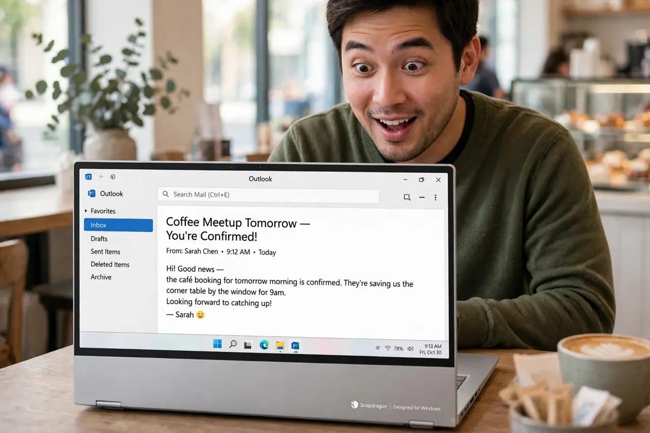 a person using a real slim Snapdragon Windows laptop, the screen showing a familiar desktop app with legible interface, the person's face pleasantly surprised, bright cafe.