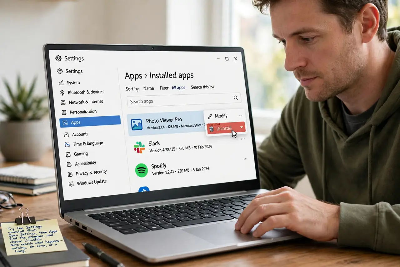 A person performing step 1 of the guide: Try the Settings uninstall first. Open Settings, then Apps, find the program, and choose Uninstall. Note exactly what happens — nothing, ...
