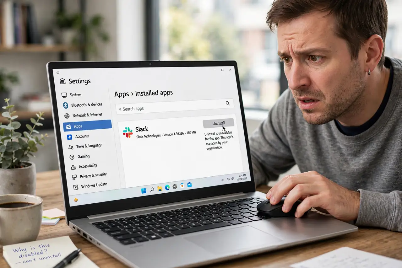a real person at a desk looking at the Windows Apps settings page on a real monitor, the uninstall button for a program fully legible and unresponsive, the person clicking it with a puzzled expression.