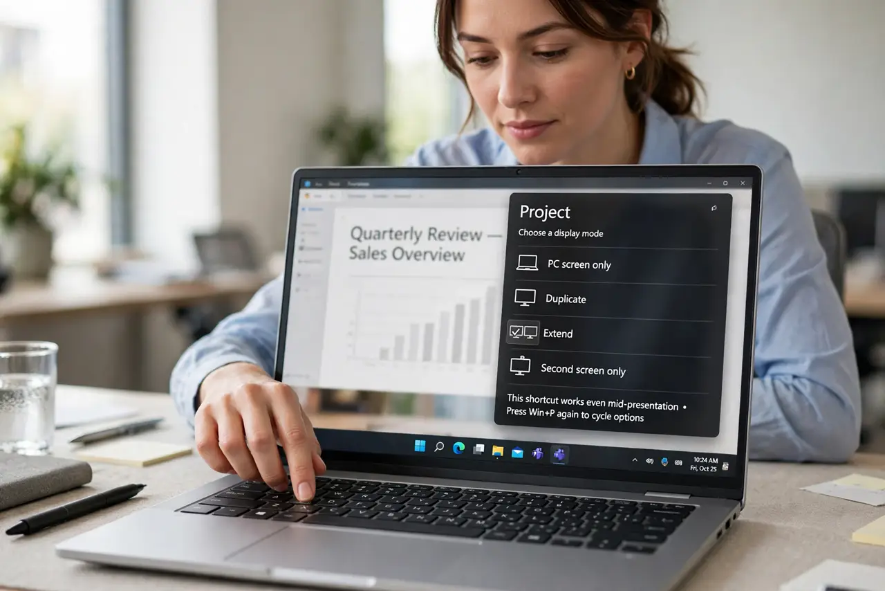 A person performing the first step of the guide: Press Win+P.