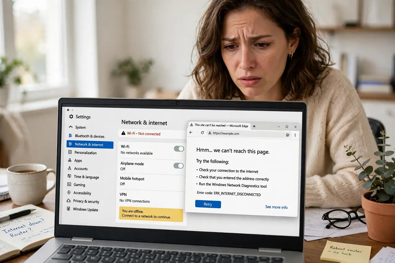a person looking at a real Windows laptop showing the Settings network page with legible text, a browser error page visible on screen, the person's face puzz...