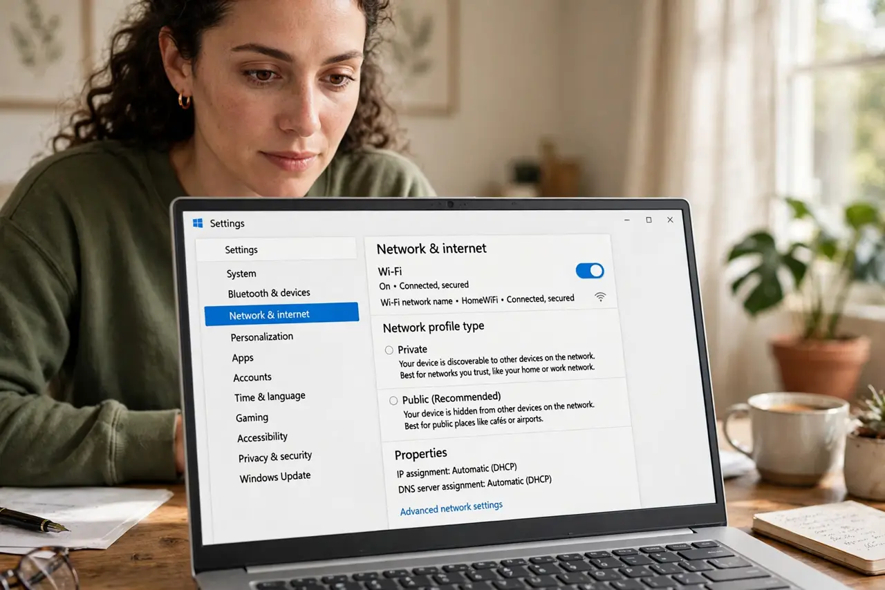 a person at a real Windows PC showing the network profile settings with Public and Private options legible, the person's face focused, home office. No black screen, no blank white .