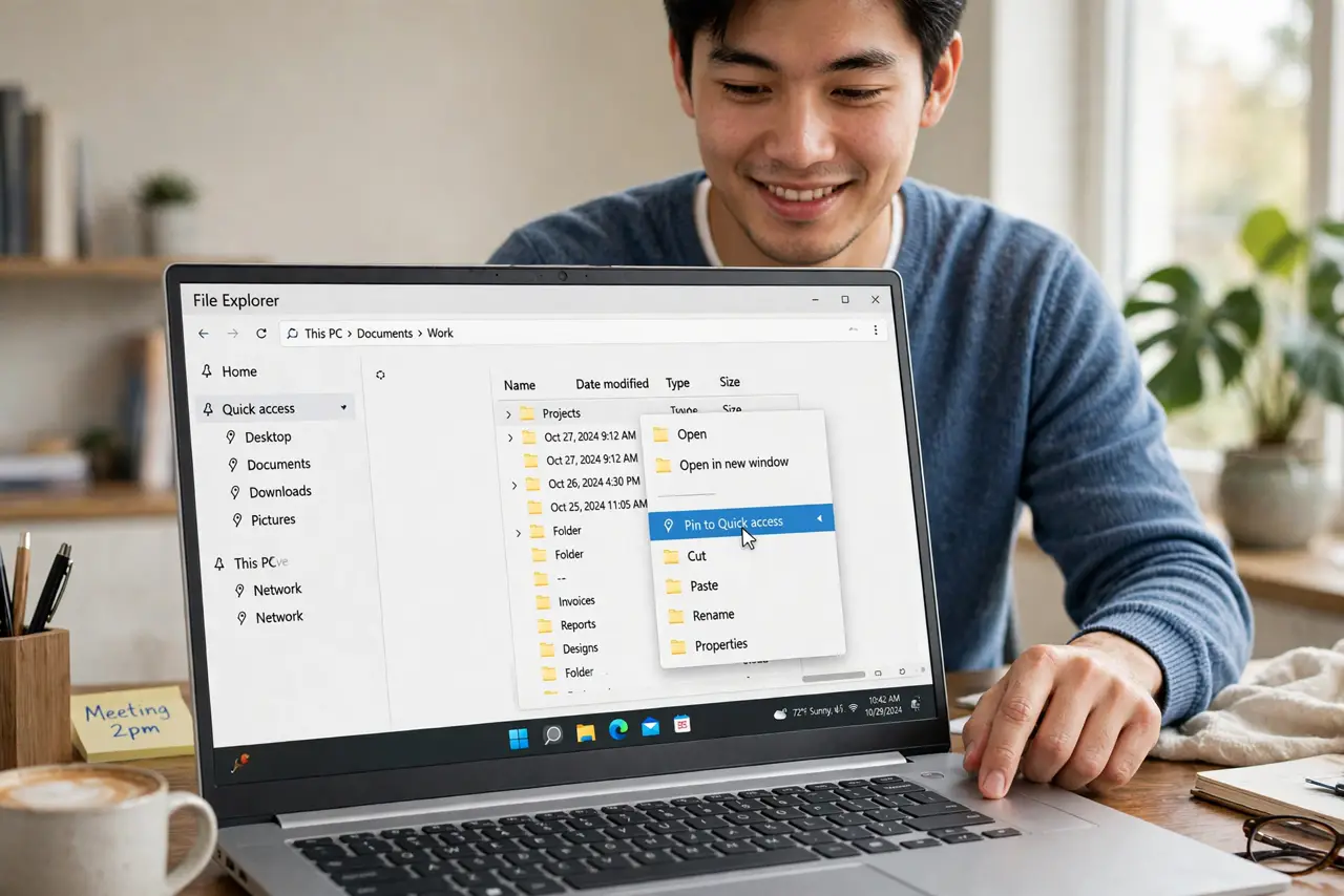 a person using a real Windows laptop showing File Explorer with pinned folders at the top of Quick Access, the cursor right-clicking a folder with the Pin option visible, the perso.