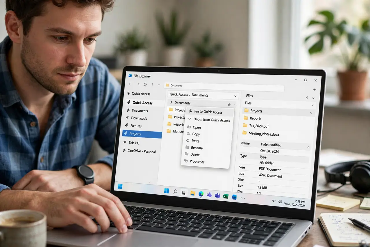 a real person at a desk looking at File Explorer on a Windows PC, the Quick Access section visible on the real monitor with fully legible folder names, the person re-pinning a folder with a focused expression.