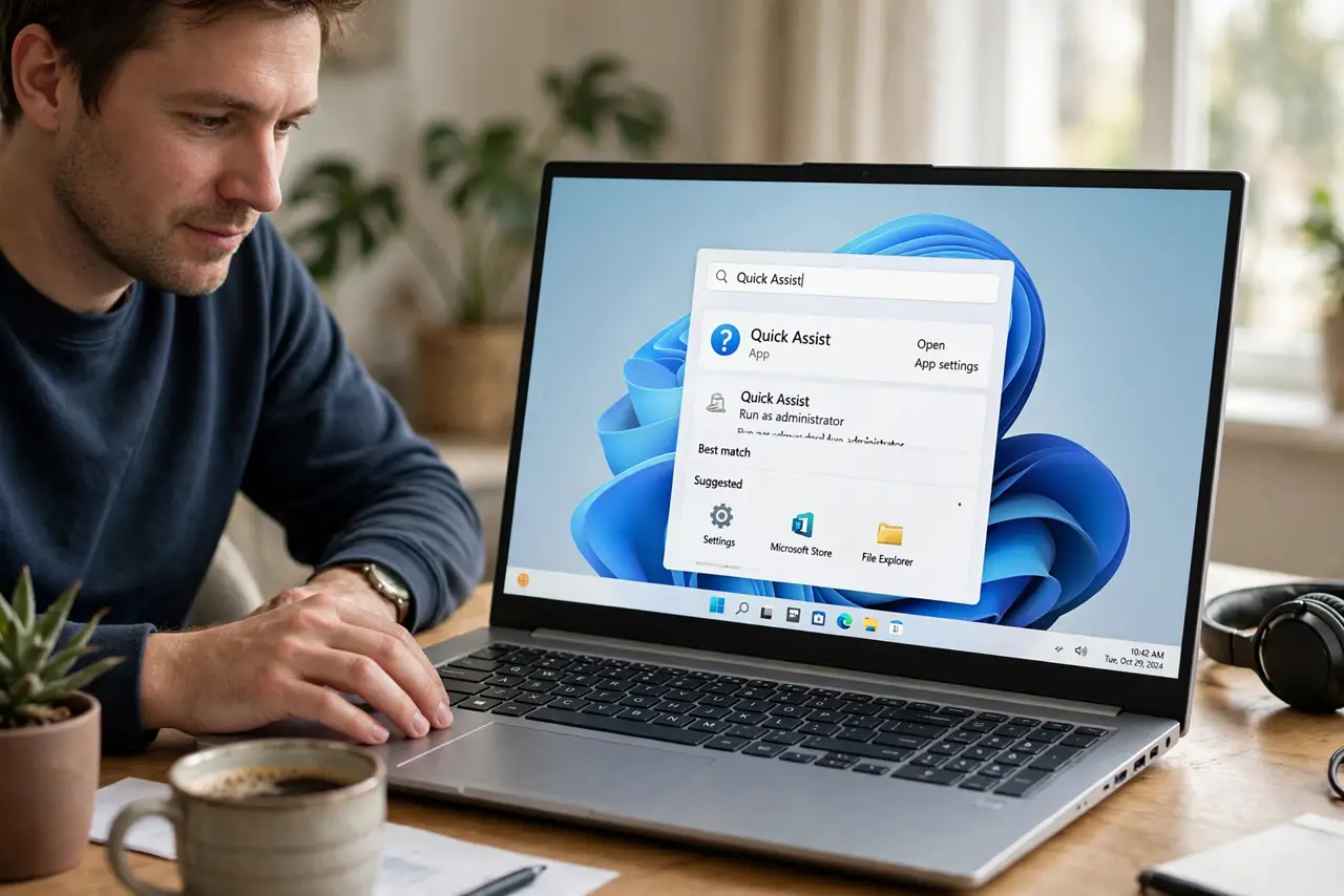 Photoreal photo of a person performing the first step: Open Quick Assist on your PC. Search for Quick Assist in the Start menu — it is built into Wind