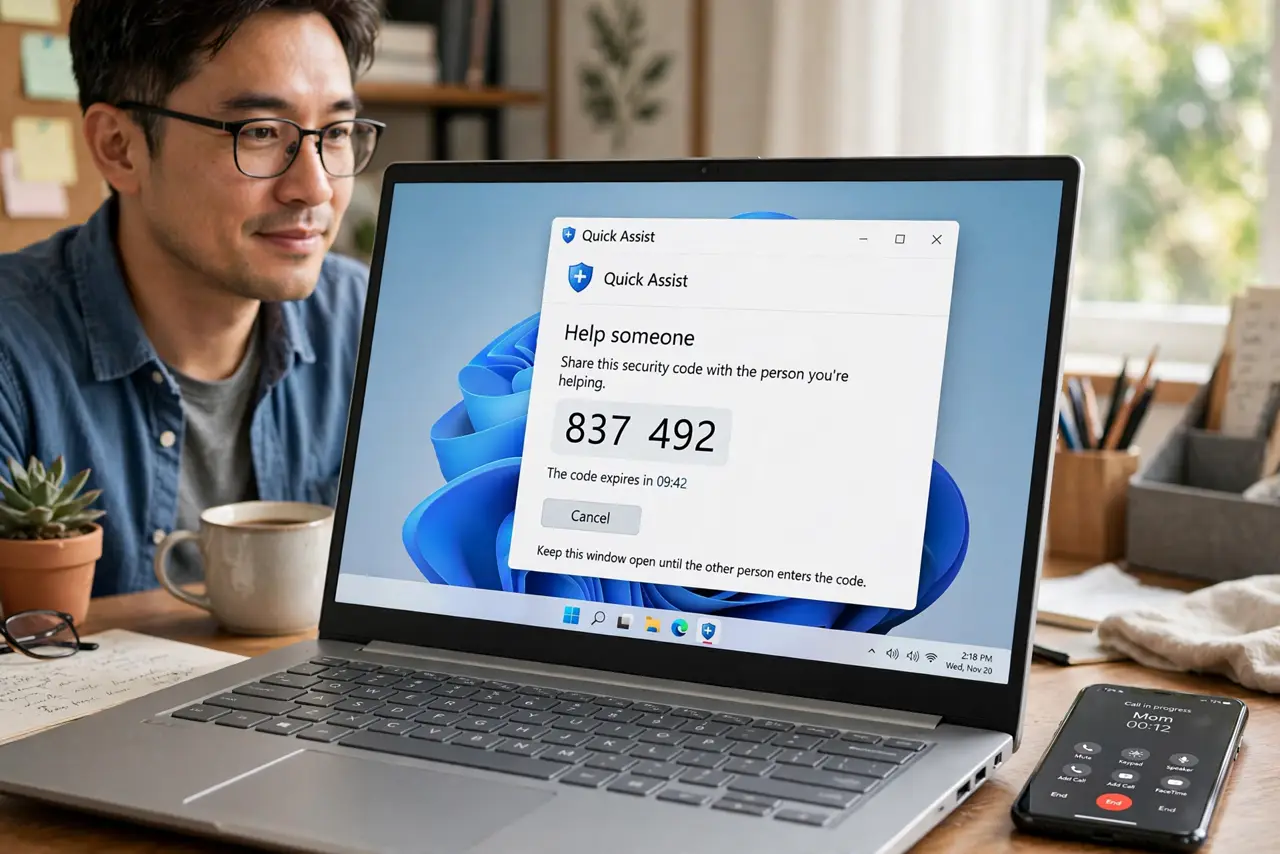 Photoreal photo: a person at a Windows PC with a real monitor showing the Quick Assist window with a legible security code, a phone beside showing a call in progress, the person's face helpful, home office. No black screen, no blank w