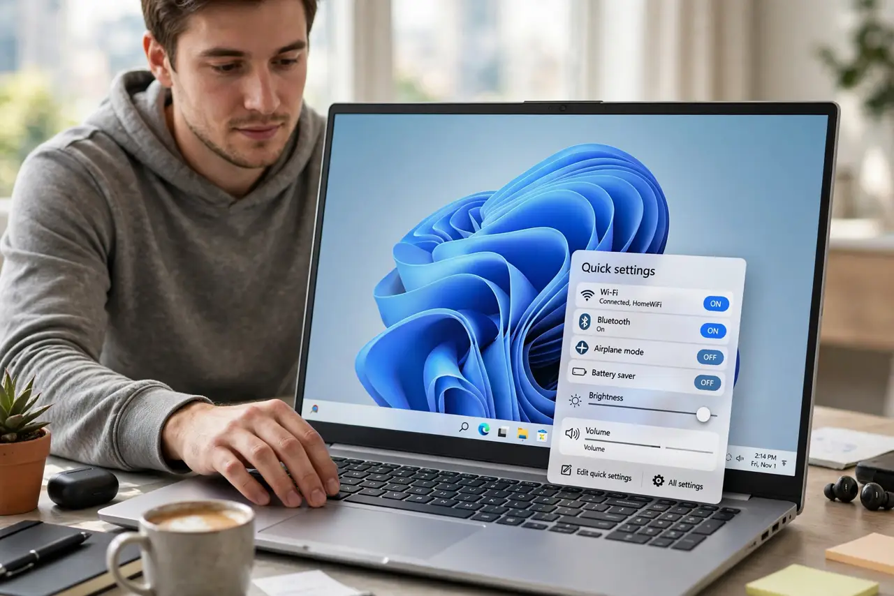 Photoreal photo of a person performing the first step: Open Quick Settings. Press Windows key + A, or click the network, volume, or battery icons in the taskbar corner. The panel slides up with your toggle...